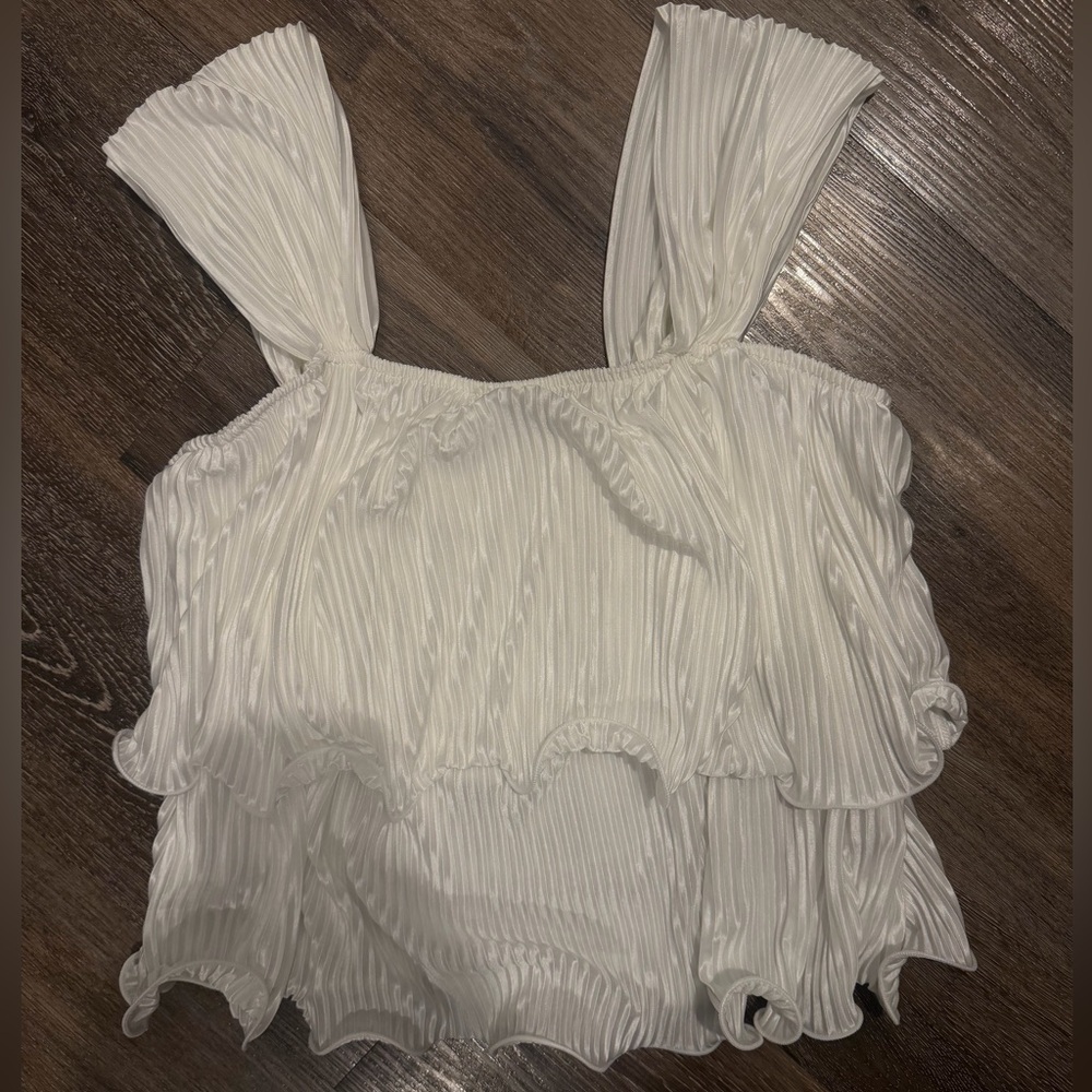 White Pleated Ruffle Crop Tank Top